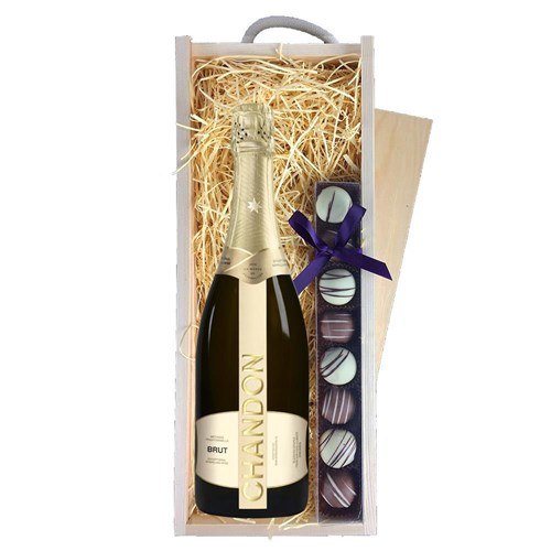 Chandon Brut Sparkling Wine 75cl & Truffles, Wooden Box